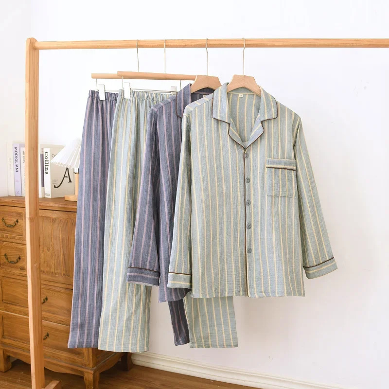 Mens pajamas two-piece set suitable for spring 100% cotton crepe fabric vertical stripes long sleeved pants family set 250225
