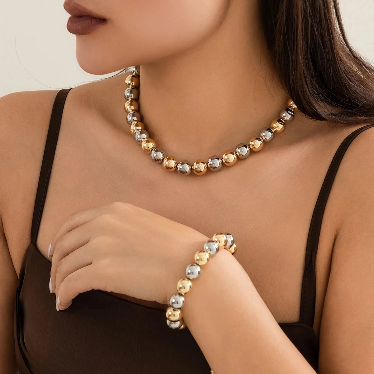 Gold Silver Color Acrylic Ball Beaded Choker Bracelet Necklace Women Men Trend Round Beads Short Necklace Stack Jewelry Collier 250225