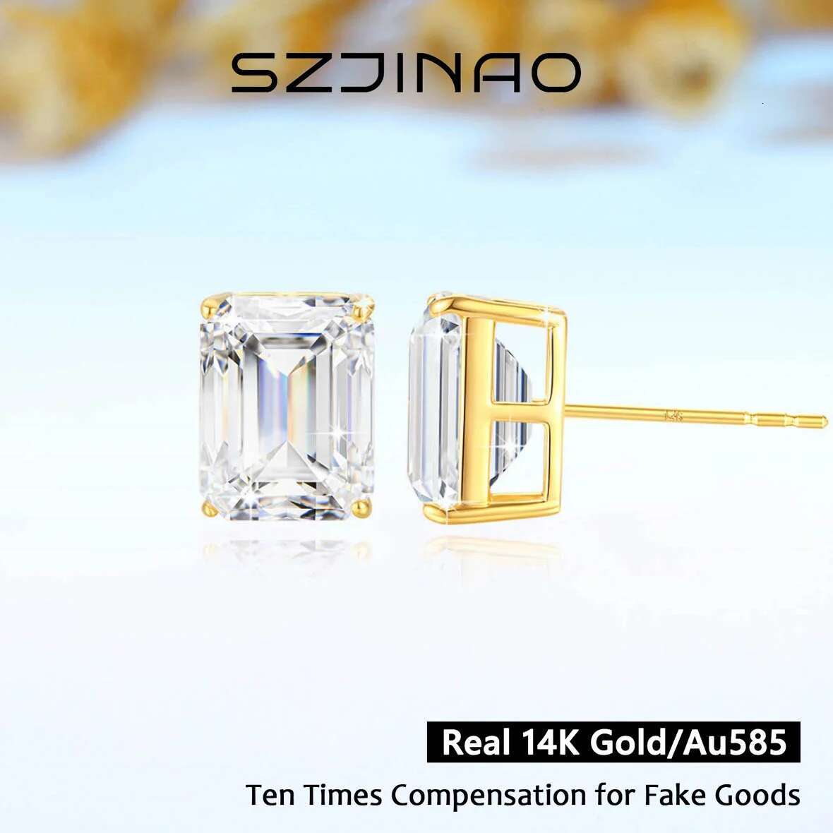 Pure 14k Gold Moissanite Stud Earrings Brilliant Dia Emerald Cut Engagement Wedding Jewelry Gifts for Women