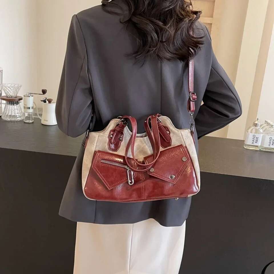 New Large Capacity Retro Shoulder Splicing Women's Shoulder Bag Simple Multi Functional Soft Leather Handbag Designer Crossbody Bag