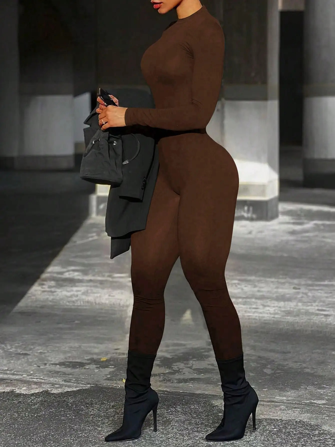 LW Round Neck Skinny Jumpsuit Women Spring Summer One Pieces Outfit Basic Skinny Long Sleeve Solid Color Daily Short Jumpsuits 250224