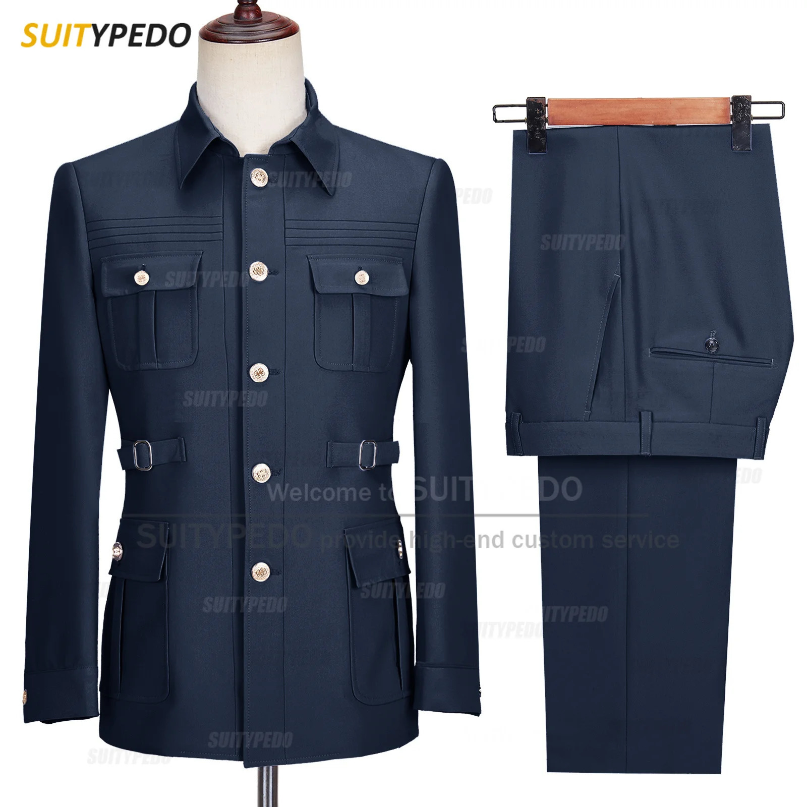 Fashion Men Suit Sets Gold Button Chinese Tunic Suit Blazer Pants 2 Piece Elegant Wedding Groom Jackets Slim Fit Business Tuxedo 250224