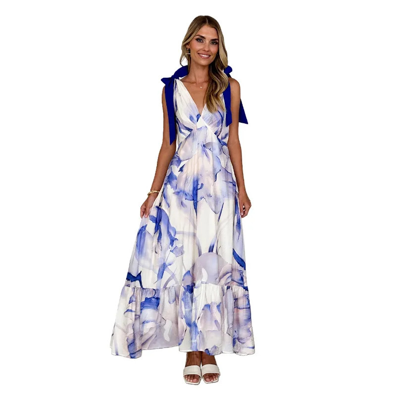 Summer Lace Up Womens Long Dress V-neck Sleeveless Printed Dress with Temperament Commuting Camisole Mid Length Skirt 250225