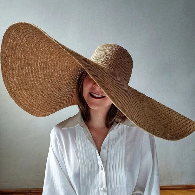 Lady Oversized 70cm Beach Hats Large Wide Brim Summer Uv Protection Sun Hat for Women Foldable Straw Wedding Hat 250218