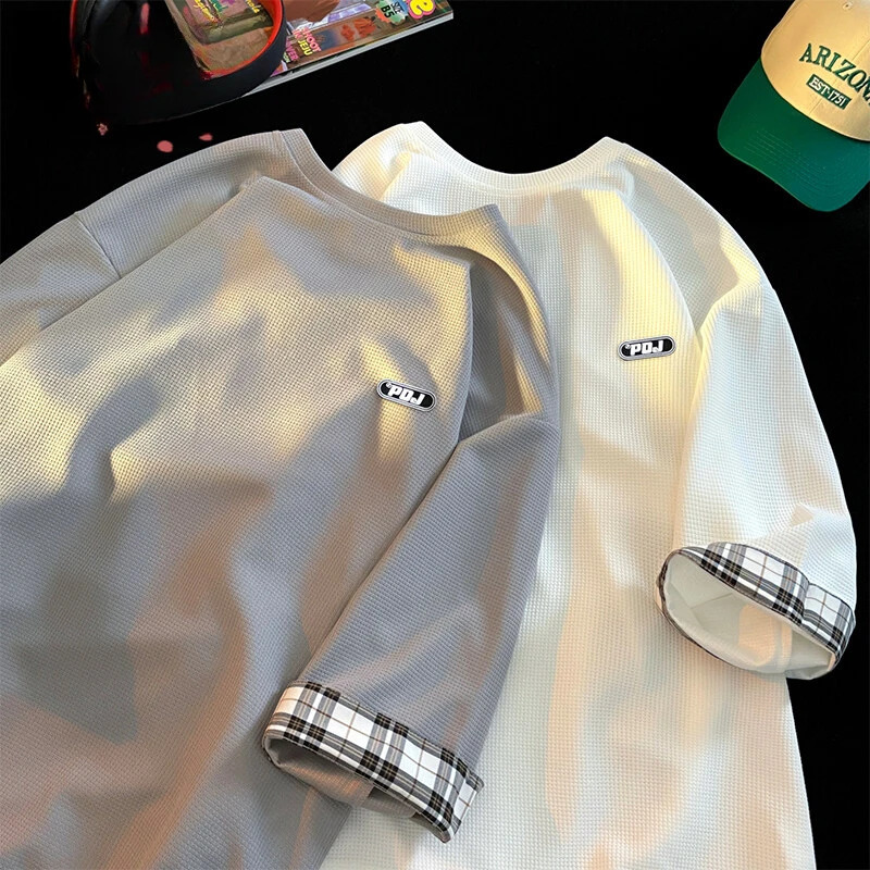 Waffle Breathable Short Sleeve T-Shirt Summer Patchwork Colour Tee Tops Mens Shirt O-neck Casual Tshirts 250224