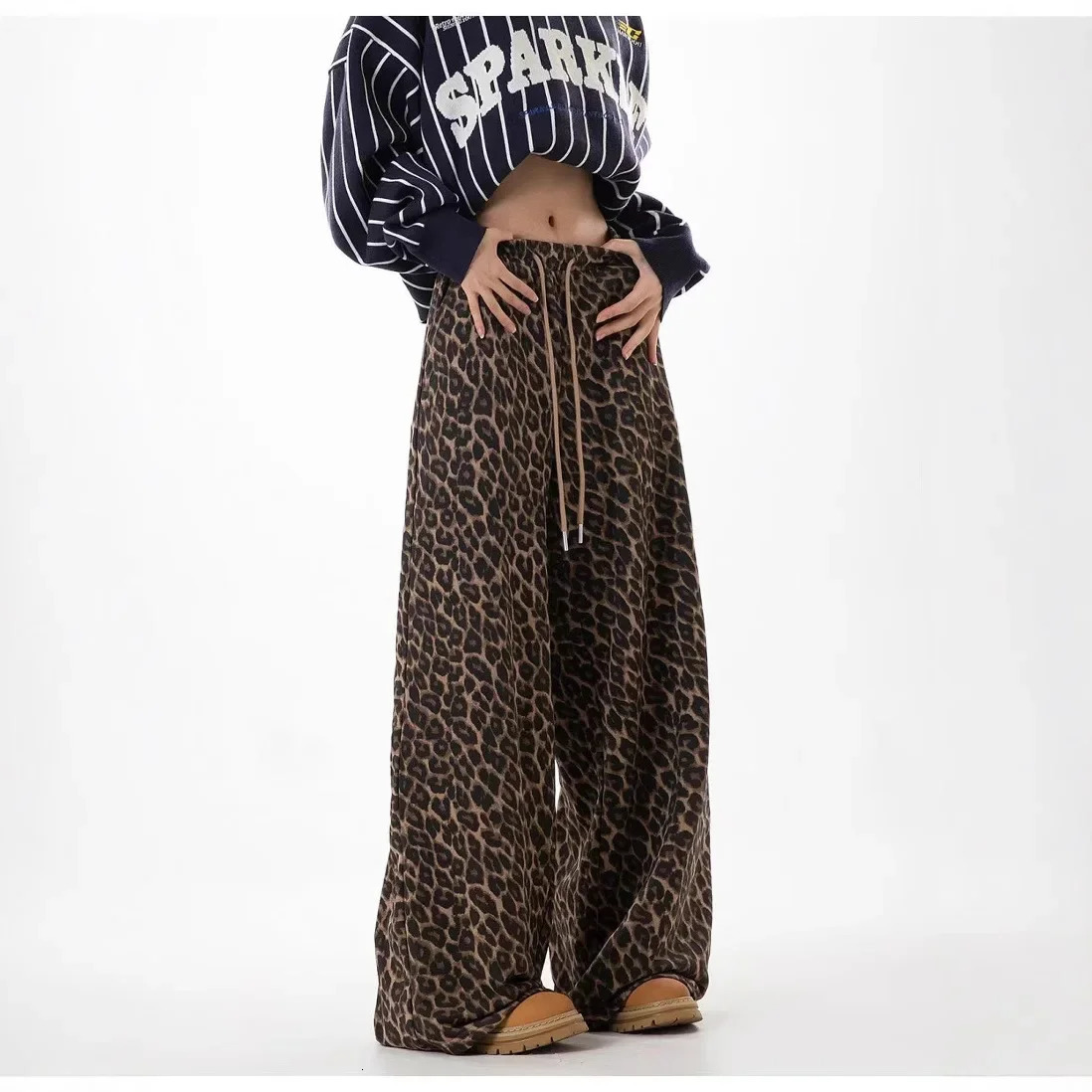 Sensibility Loose-Fit Slimming Straight-Leg Wide-Leg Dragging Pants Spring Autumn Style American Vintage Leopard Slip 250225