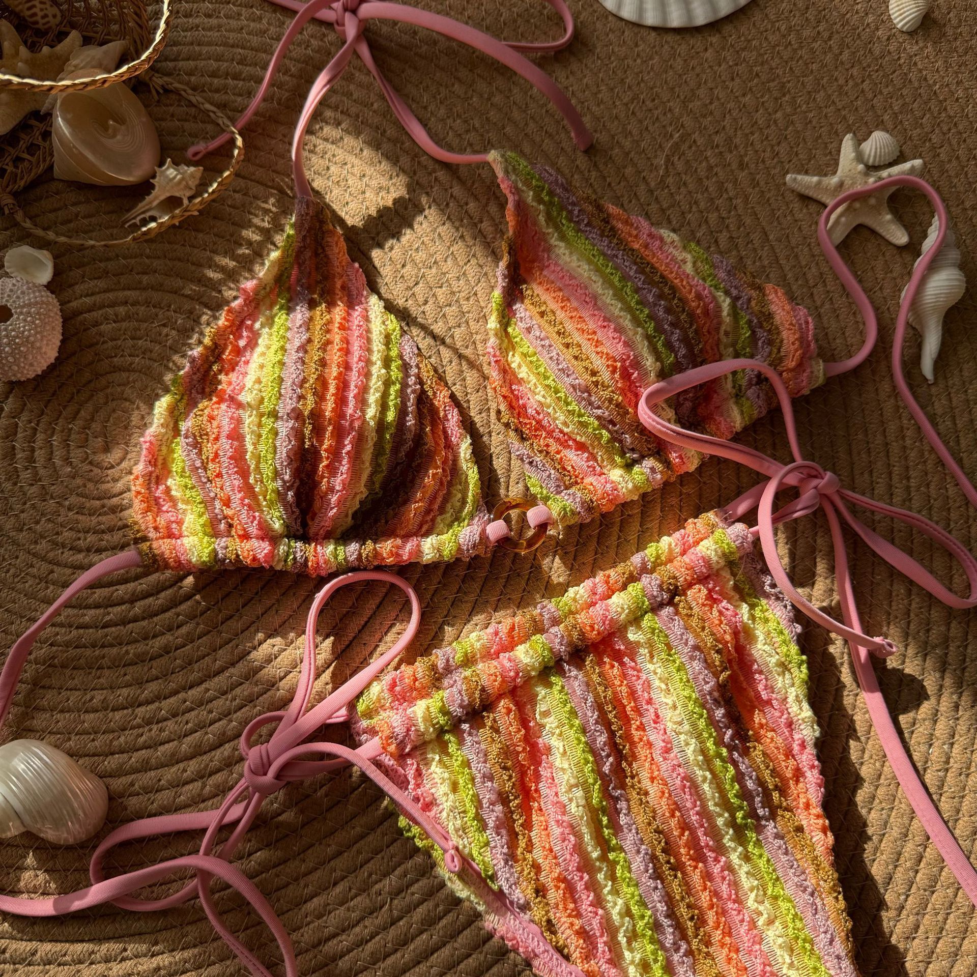 2025 designer swimwear new color blocked jacquard sexy drawstring strap swimsuit bikini