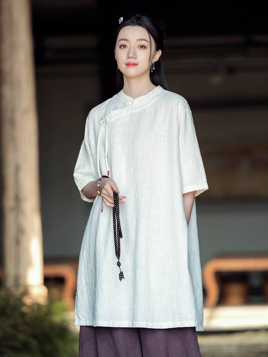H16120 women's new Chinese style stand-up collar oblique lapel tie national style top retro Zen loose summer dress female