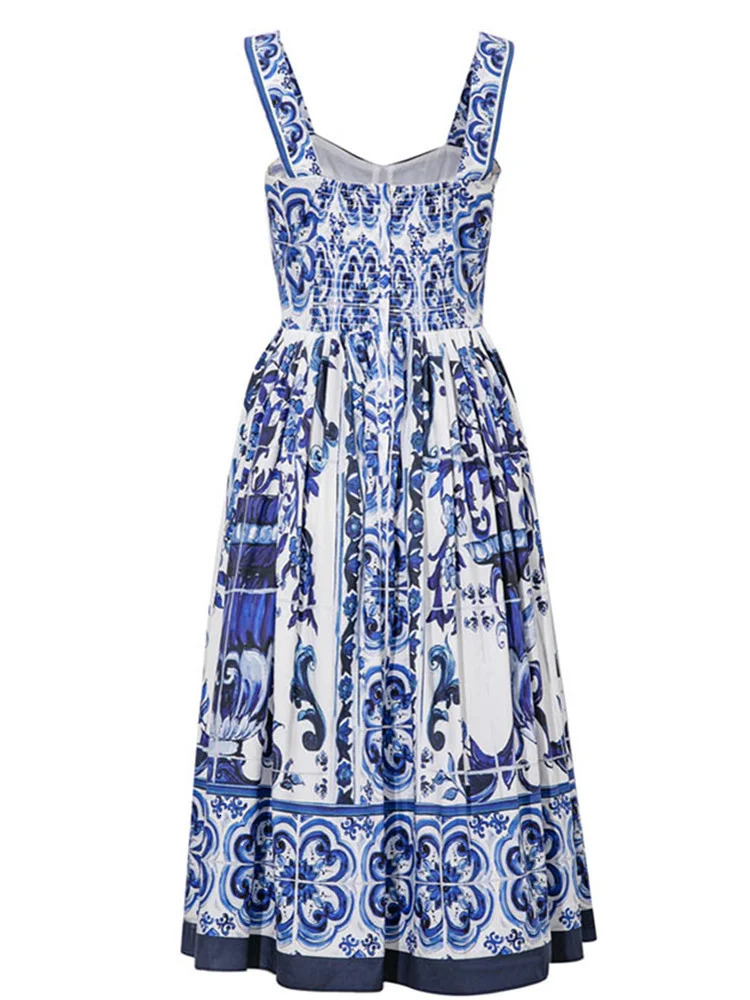 JAMERARY Summer Blue And White Porcelain Flower Printing Cotton Long Dress Women Straps Zipper Elastic Backless Midi Vestidos250222