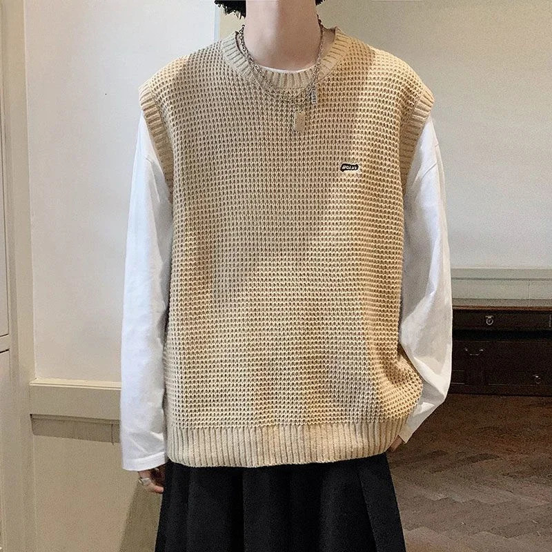 Knitted Sweaters for Men Hippie Black Vest Crewneck Man Clothes Waistcoat Round Collar Sleeveless Warm in S Over Fit Knit X 250225