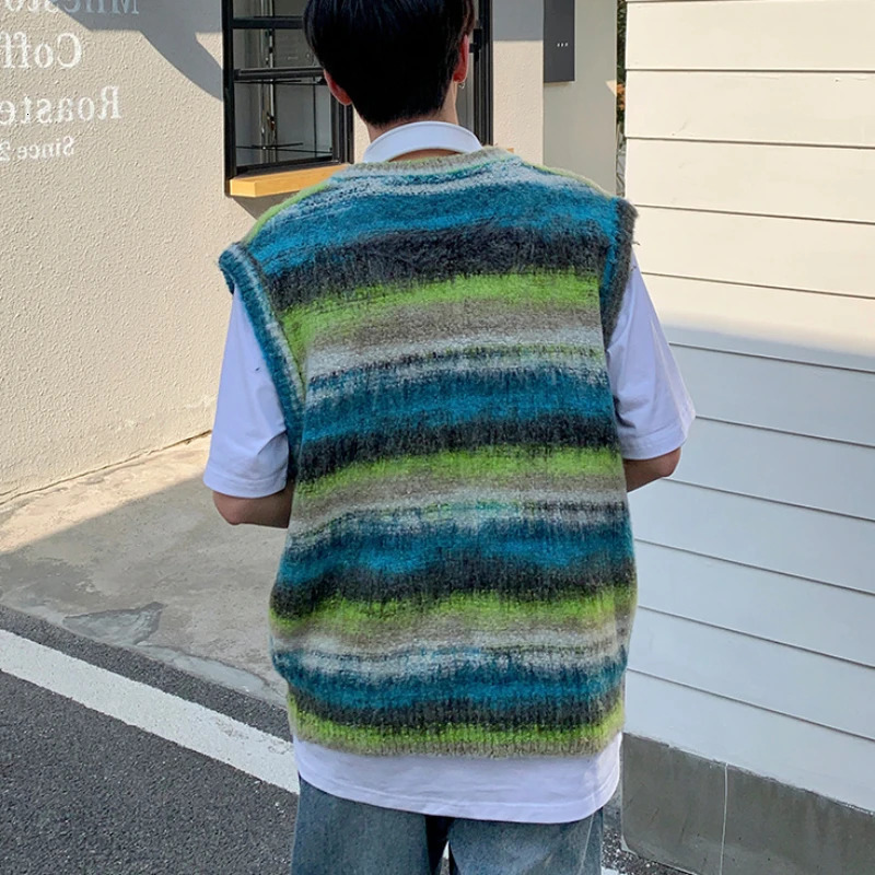 Sweater Vest Casual Loose Vneck Striped Spring Autumn Tie Dye Fashion Retro Soft Japanese Style Unisex Daily Knitting Youthful 250225