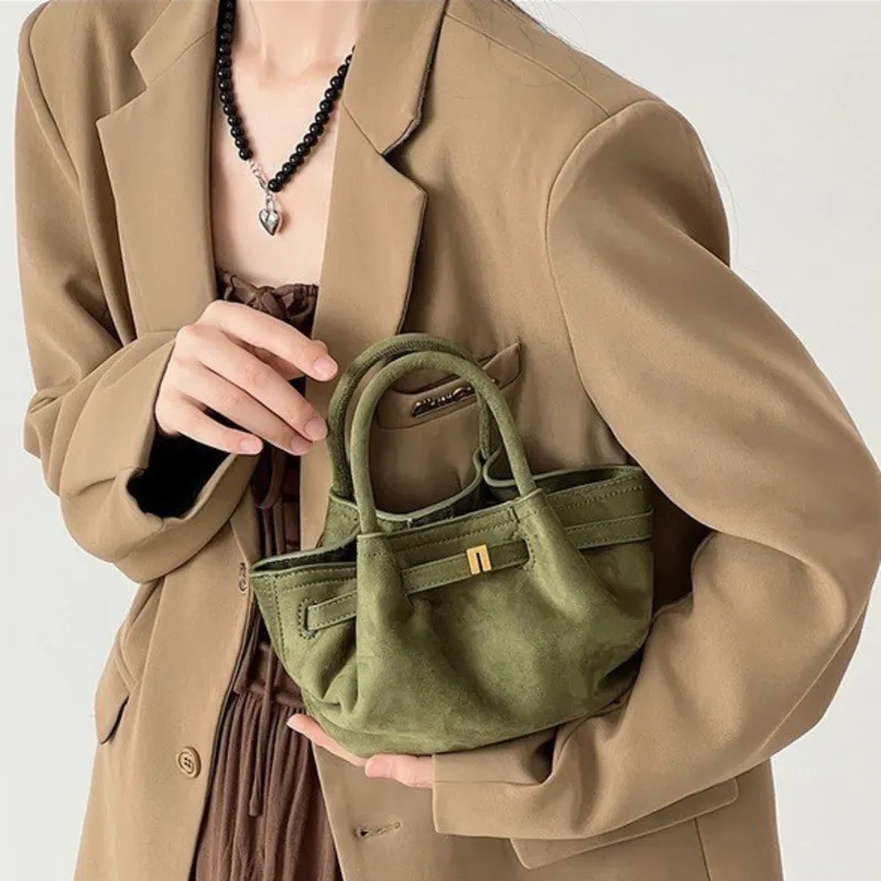 Green Suede Shoulder Bag with Belt Buckle for Women - Small Vintage-Style Messenger Handbag