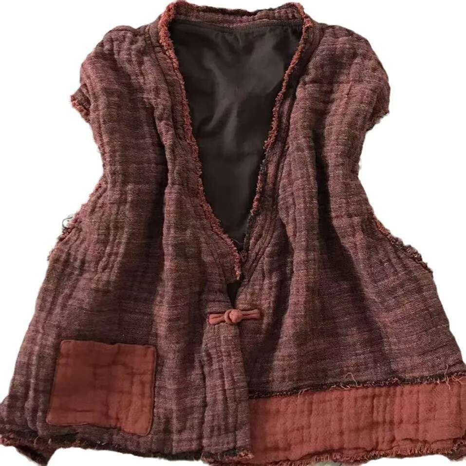 Waistcoat Women Autumn Winter Thicken Artist Designal Sleeveless Warm New V-Neck Patchwork Double Layer Loose Cotton Vest