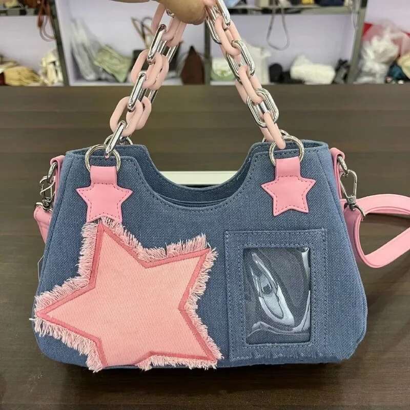 Summer Fashion Casual Cool Dark Diagonal Cross Bag Hip-hop Style Denim Pink Women's Designer Bag Star Chain Armpit New Large Capacity Handbag Wal