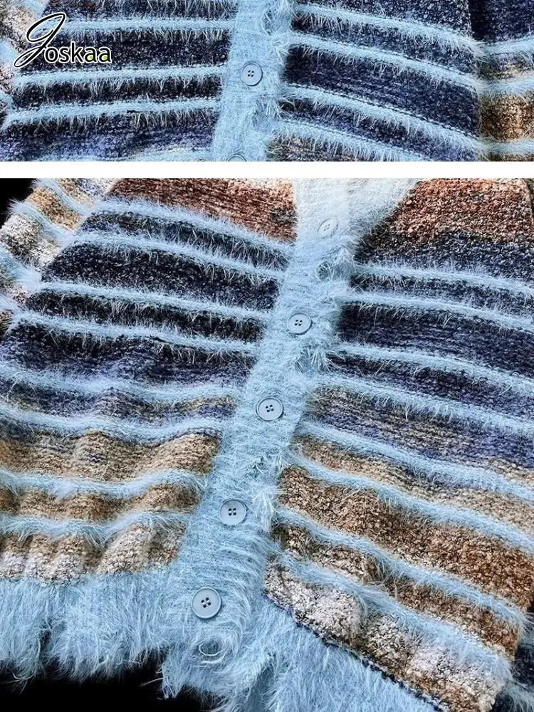 Joskaa Colorful Striped Oversized Knitted Cardigan Women Hipster V-Neck Full Sleeve Button Sweater Coat Outerwear Y2K Streetwear 250225