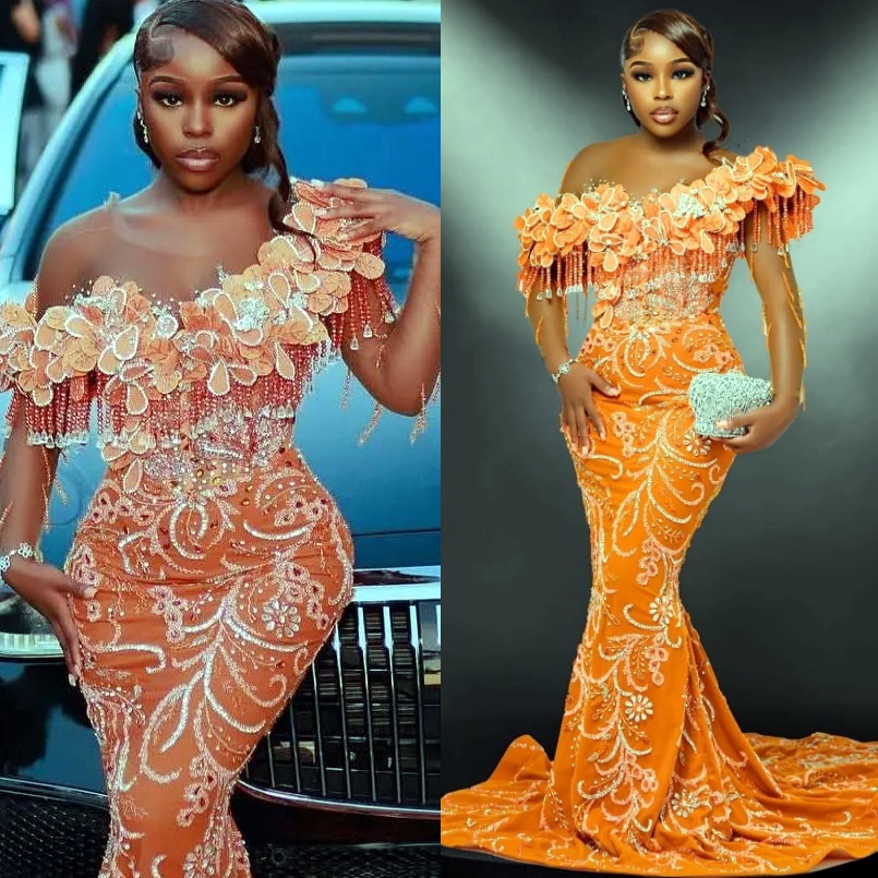 Orange Mermaid Prom Dresses 2025 Florals Crystals Lace Luxurious Evening Formal Party Second Birthday Engagement Gowns Plus Size Dress For Special Occ