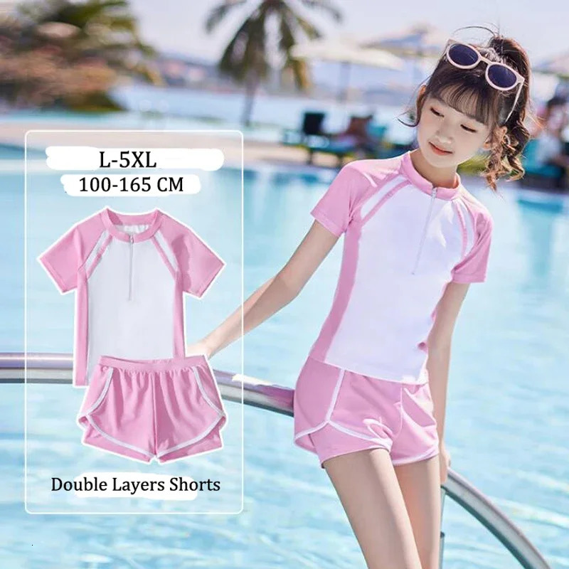 Double layered short sleeved girls swimsuit two-piece summer beachwear L-5XL childrens short sleeved girls swimsuit pink black 250225
