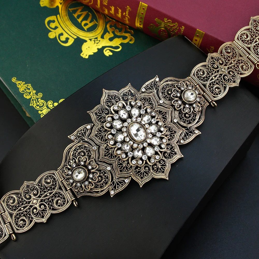 Sunspicems Chic Crystal Morocco Belt Round Flower Waist Chain for Women Arabian Bride Wedding Jewelry Abaya Caftan Dess Belt 250225