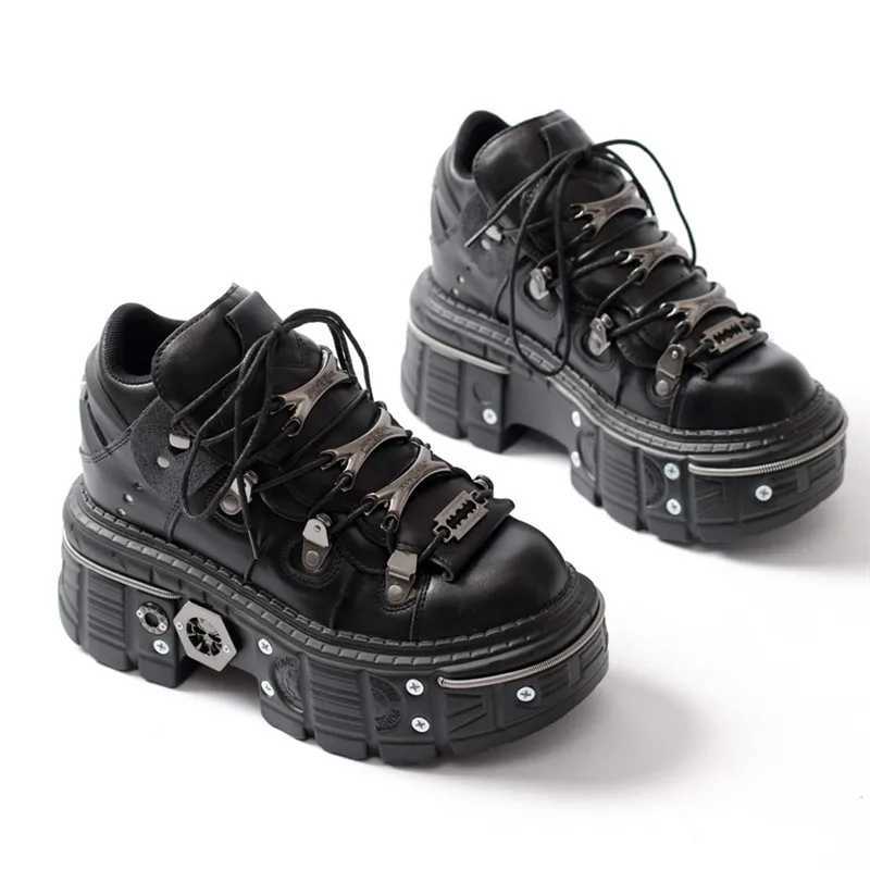 Fashion Women Punk Platform Shoes for Womans Lace-Up Round Toe Metal Decoration Thin Heels Sneakers Gothic Party Nightclub ShoeC250225