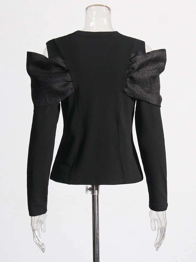 Solid Patchwork Bowknot Shirt For Women Round Neck Off Shoulder Long Sleeve Slimming Temperament T Shirts Female