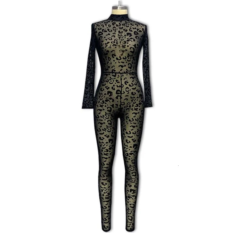Jumpsuit Women Spring Fashion Leopard Print Mock Neck Casual Long Sleeve Skinny Daily Semi-Sheer Jumpsuit Y2K Streetwear 250225