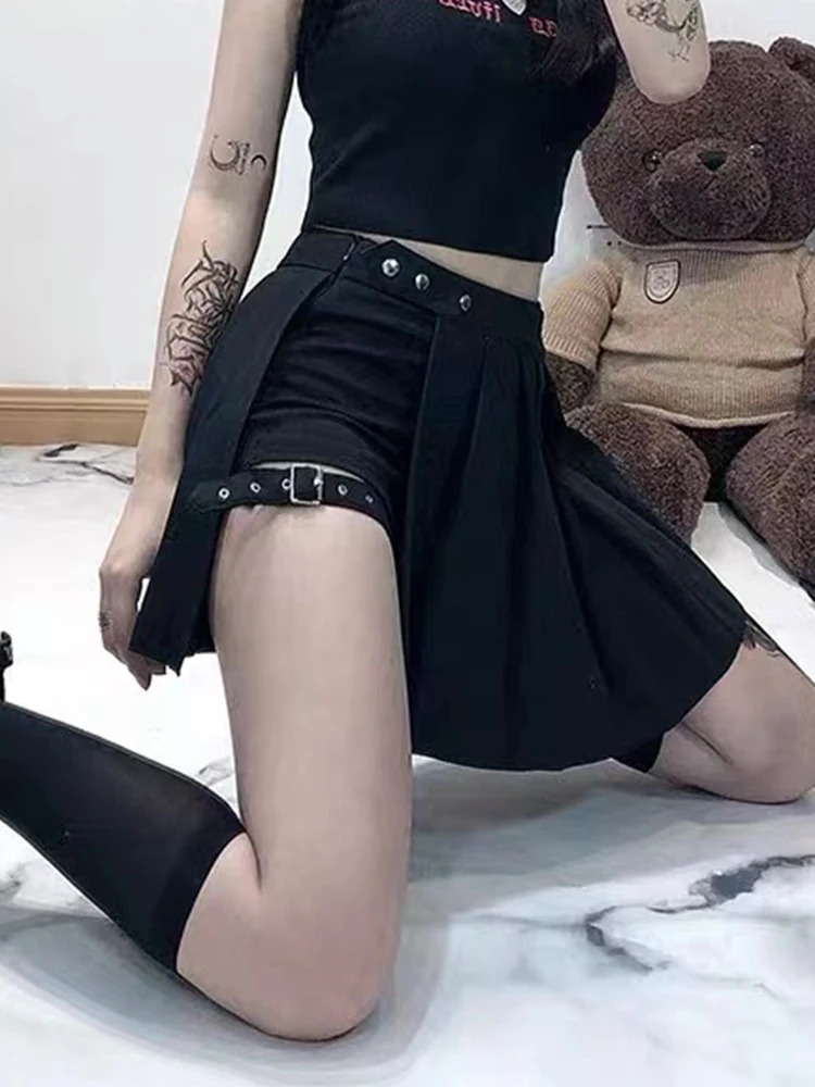 AltGoth Punk Mall Goth Shorts Skirt Women Y2k E- Streetwear Harajuku Leg Ring Buckle Detachable High Waist Emo Alt Clubwear 250225