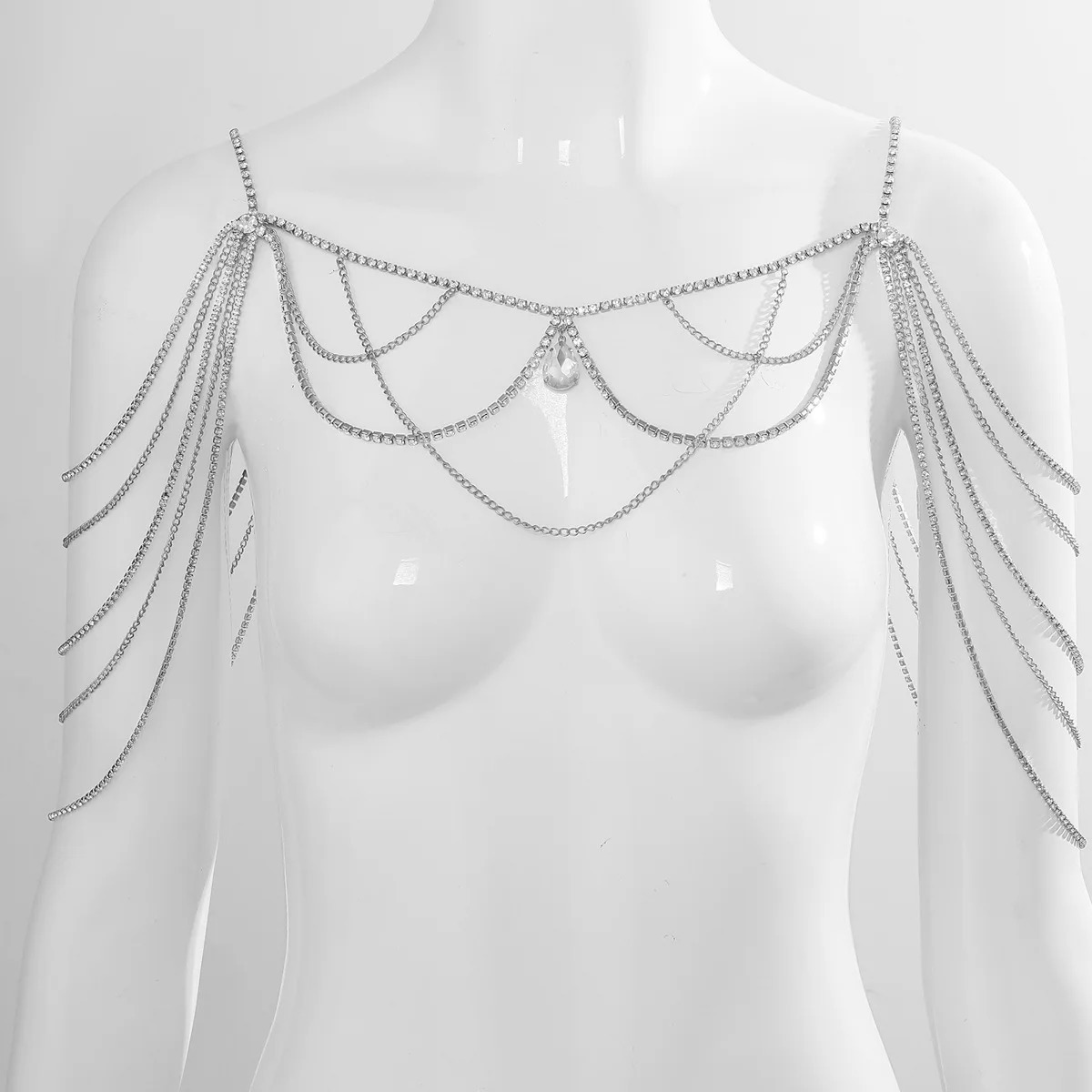 Fashionable Water Drop Pendant Multi layer Rhinestone Chest Chain Party Full Dress Womens Body Chain Jewelry 250225