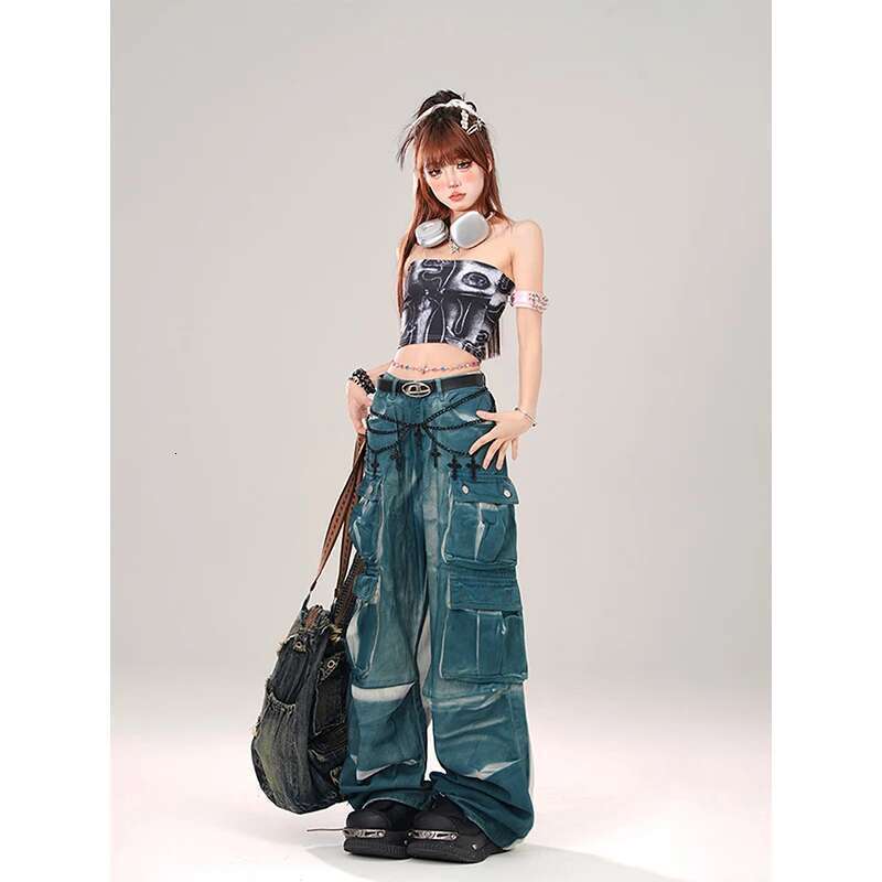 Women's Blue Baggy Cargo Jeans Korean Vintage Y2k 90S Aesthetic Denim Trousers 2000S Haruku Cowboy Pants Trashy Clothes 2024
