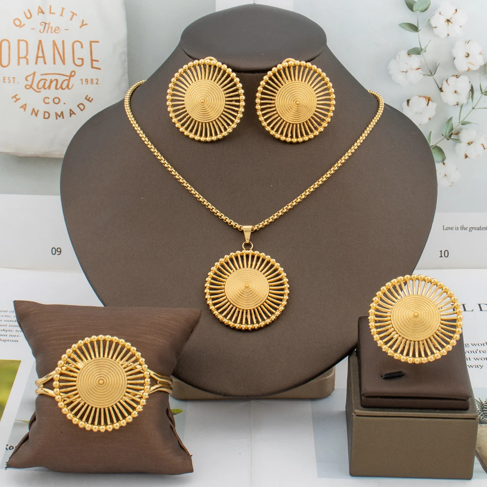 Gold Color Earrings Chain 45cm Necklace Bracelet Ring Dubai African Fashion Jewelry Set Party Anniversary Gift 250221