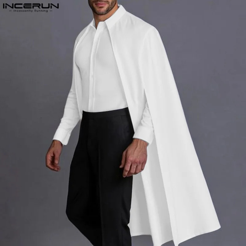 Fashion Casual Style Tops INCERUN Mens Hollowed Cape Mid Length Shirt Male Solid Simple Loose Long Sleeved Blouse S-5XL 250224