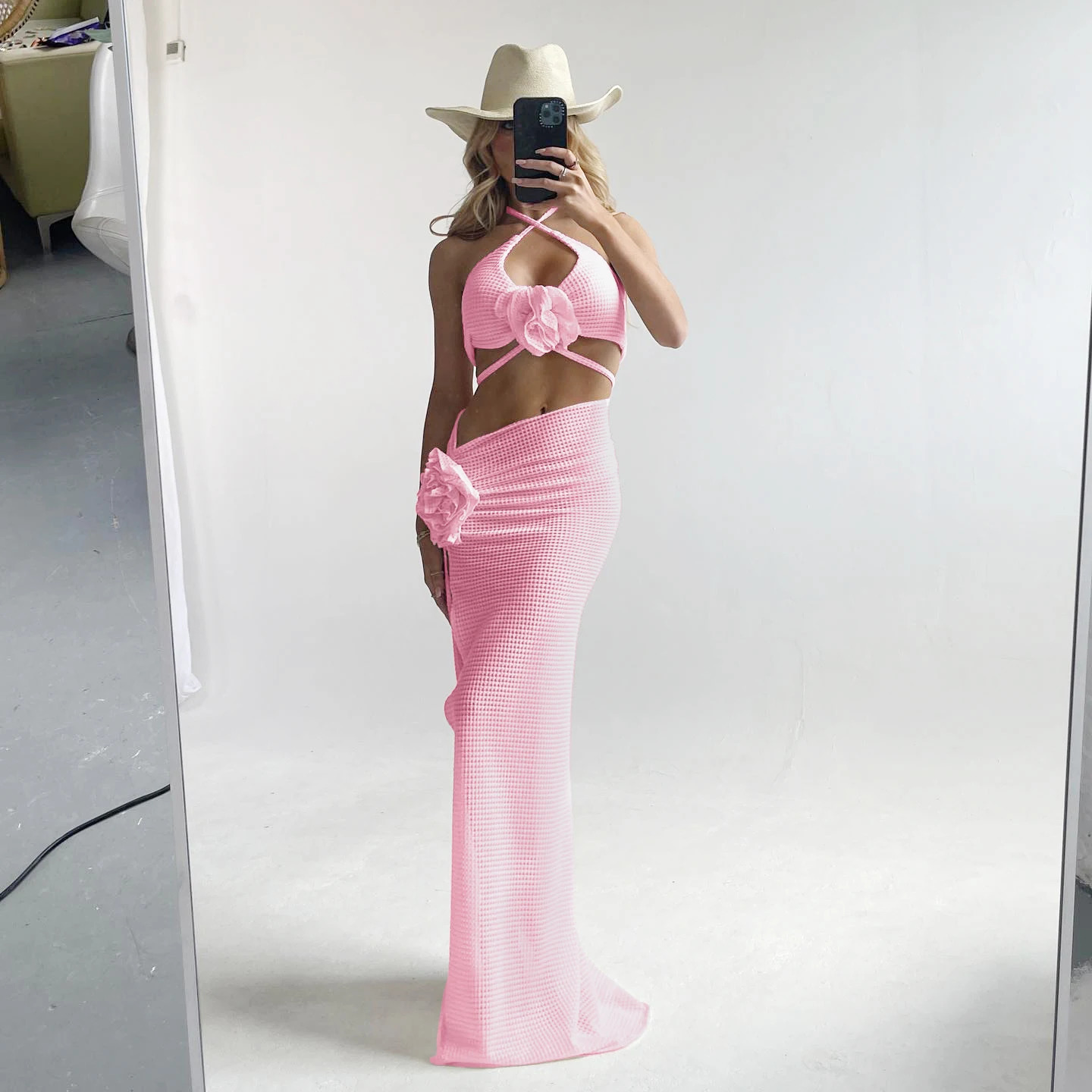 2025 3pack Bikini with Beach Skirt Swimwear Women 3D Flower Swimsuit Halter Bathing Suit Beachwear Bikini Set Biquini 250225