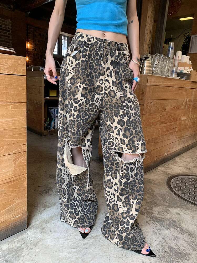 Leopard Ripped Wide Leg Jeans For Women High Waist Patchwork Button Loose Fashion Denim Pant Female Clothing New