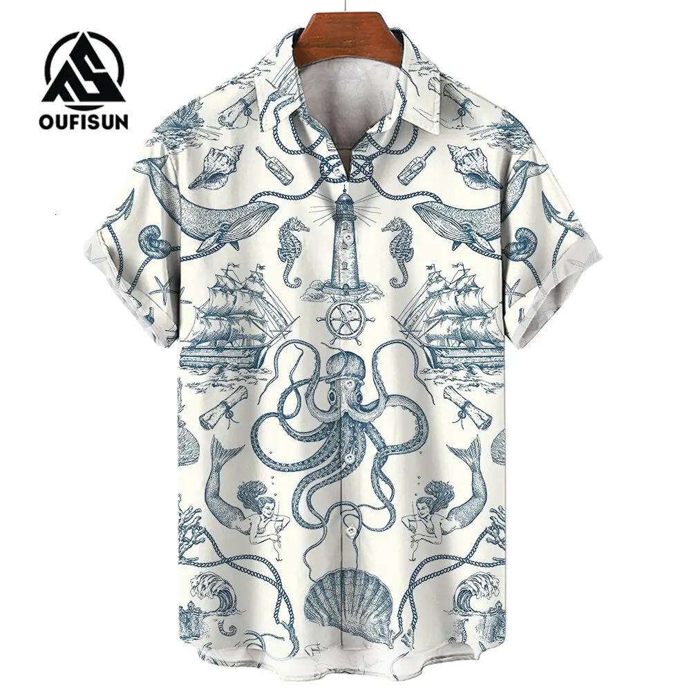 Mens Short Sleeve Shirt Summer Fashion Nautical Compass Anchor Printed Tops Mens Casual Loose Shirts Oversized Size S-5XL 250226