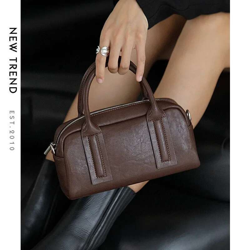 Retro Top-Grain Vegetable Tanning Cow Leather Women Bowg Boston Tote Coffee Color Cowskin Female Handbag Shoulder Bag 24Cm