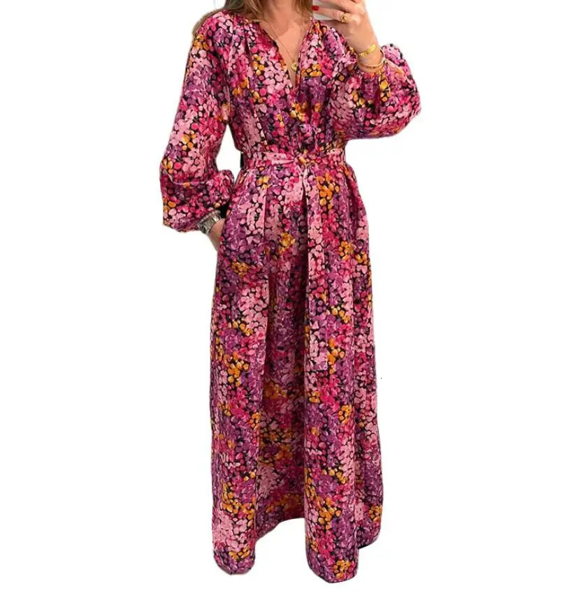 Fashion Printed Long Sleeve V-neck Bohemian Lace Up Dress For Women 250225