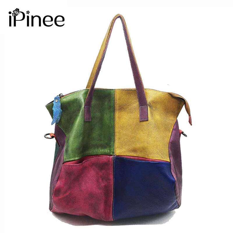 Ipinee Fashion Women Large Handbag 100% Genuine Leather Ladies Tote Bag Patchwork Shoulder Messenger High Quality