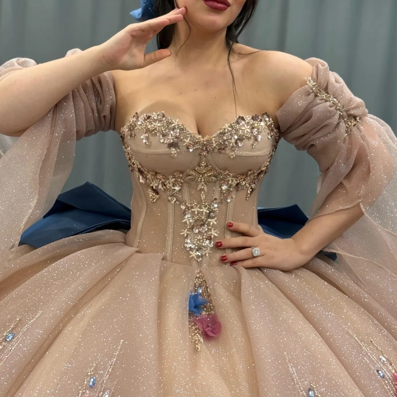 Pink Shiny Quinceanera Dresses Ball Gown Off The Shoulder Flower Beading Crystal Bow Tull Party Birthday Sweet 16 Dress Vestidos 15 Anos