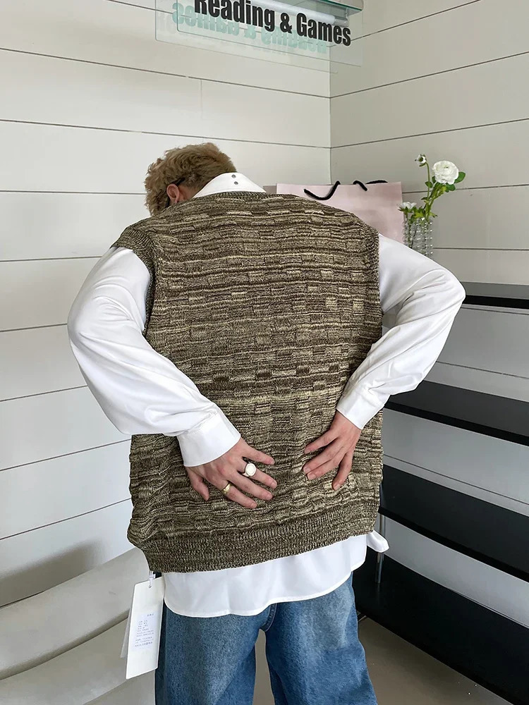 Autumn Sweater Vests Men Knitted Stylish Handsome High Street American Style Sleeveless Couple Prevalent Daily Chic Classic Ins 250225