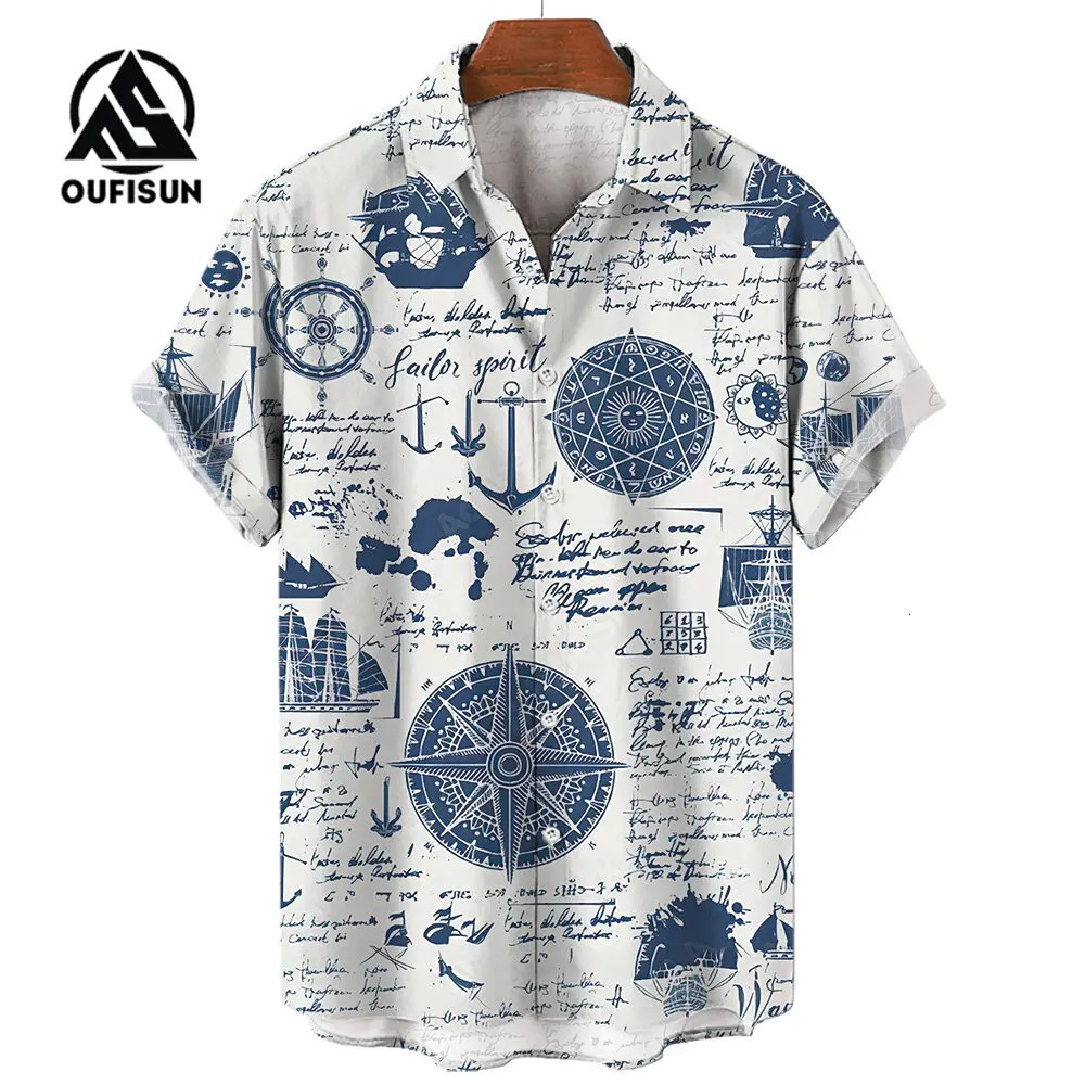 Mens Short Sleeve Shirt Summer Fashion Nautical Compass Anchor Printed Tops Mens Casual Loose Shirts Oversized Size S-5XL 250226