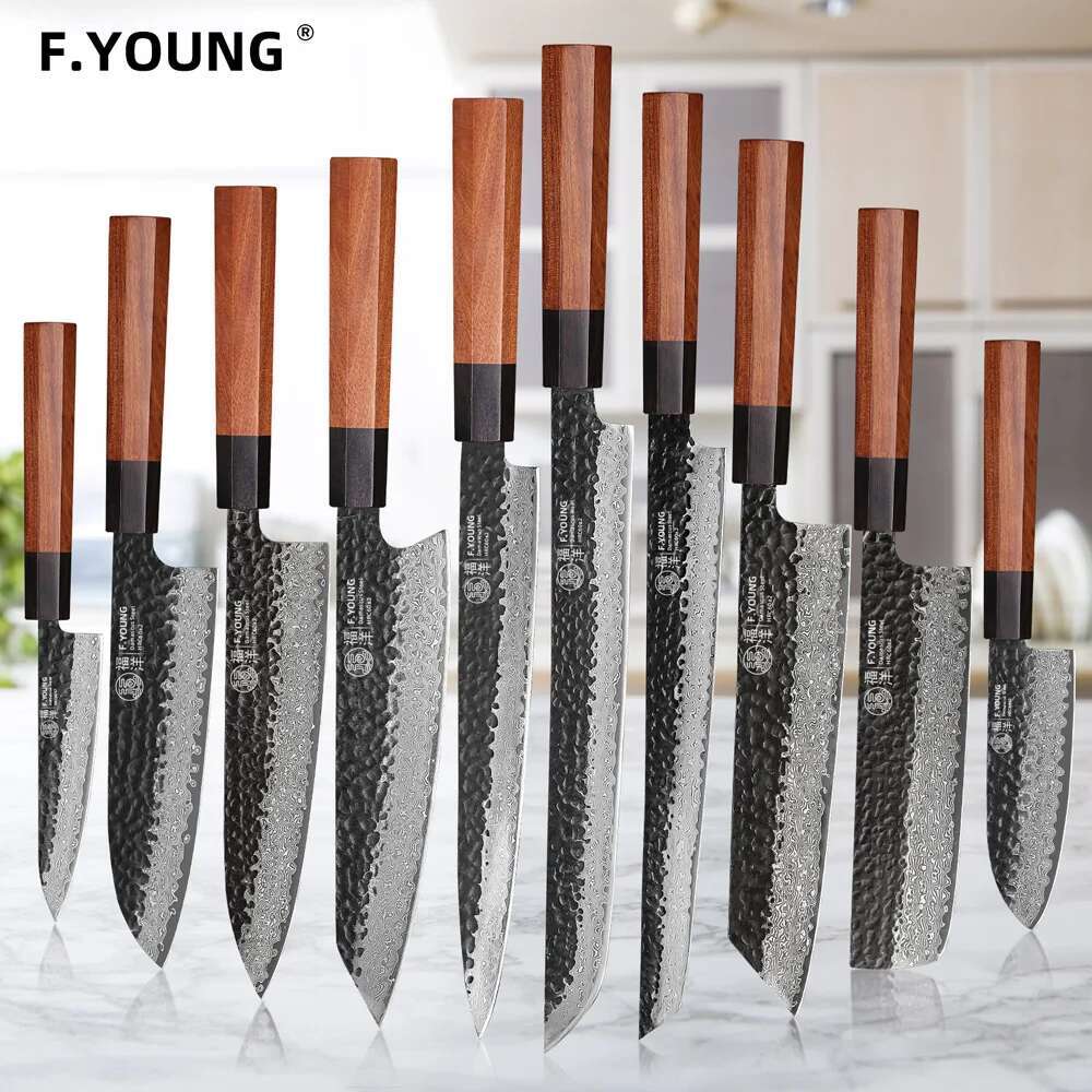 F.Young Japanese Hand Forged Chef Knife Damascus Steel Kitchen Knives Vegetable Meat Slicing Sashimi Utility Cooking Utensils
