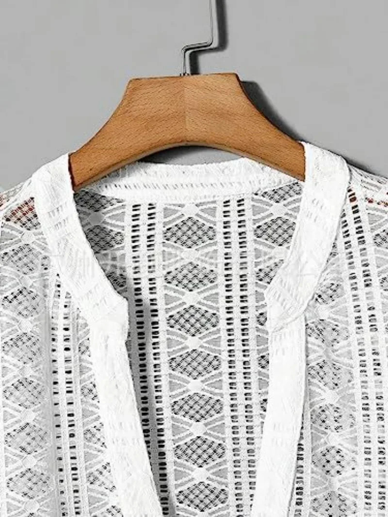 Mens fishing net shirt with transparent long sleeves and a hollow neckline. Perspective mens shirt with hollow neckline 250222