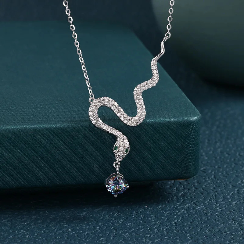 S925Sterling silver pendant necklace shiny high-end and personalized zircon inlaid snake-shaped gift for women 250220