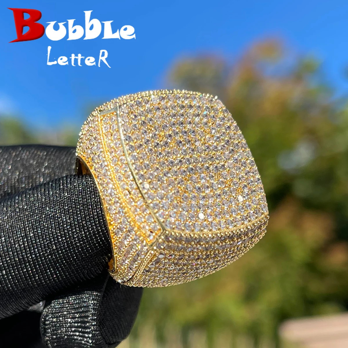 Bubble Letter Iced Out Ring for Men Real Gold Plated Prong Setting Copper CZ Stones Hip Hop Fashion Jewelry Trend 250225