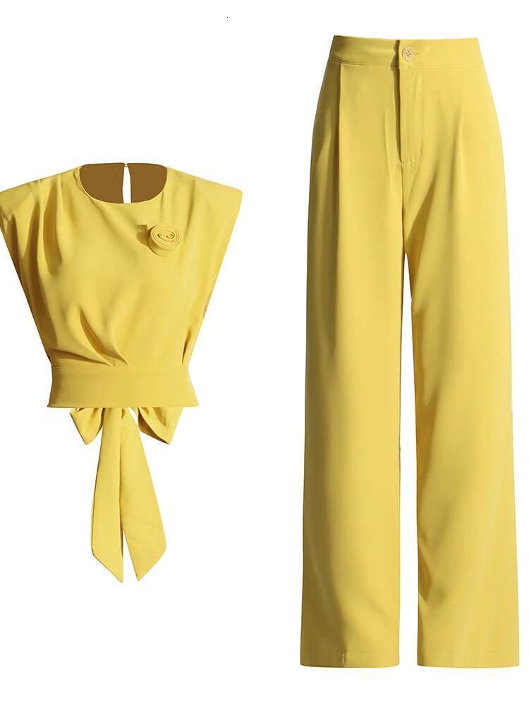 Elegant Two Piece Set For Women O Neck Sleeveless Spliced Lace Up Vest High Waist Wide Leg Pant Chic Sets Female