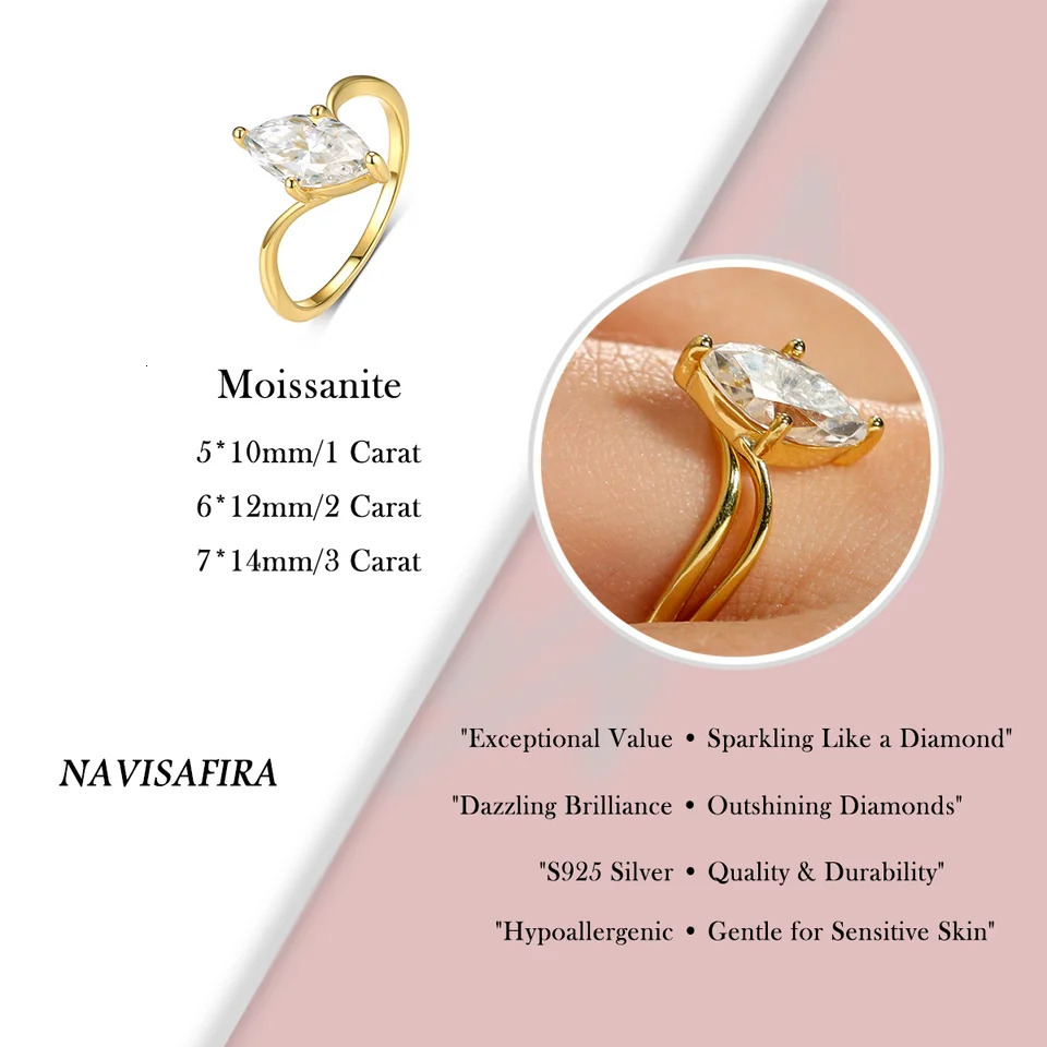 Navigation S925 Marquise Rings 1/2/3 Carat Options Gold Silver Colors Elegant Double Band 250220