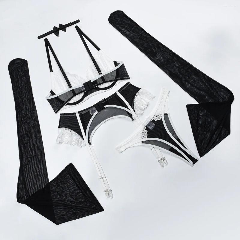 Bras Sets Sexy Lace Embroidered Exotic Lingerie Women Black White Mesh Patchwork Transparent Bra Garter Belt 3 Piece Intimate