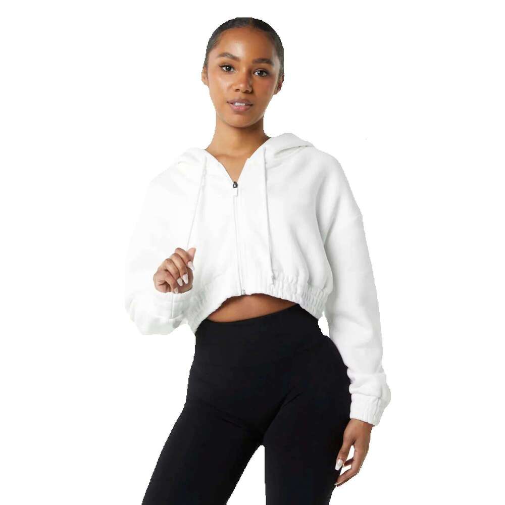 55% Cotton, 45% Spandex Drop Shoulder Style Oversized Cropped Fit White Women Classic Capital Full-Zip Crop Hoodie