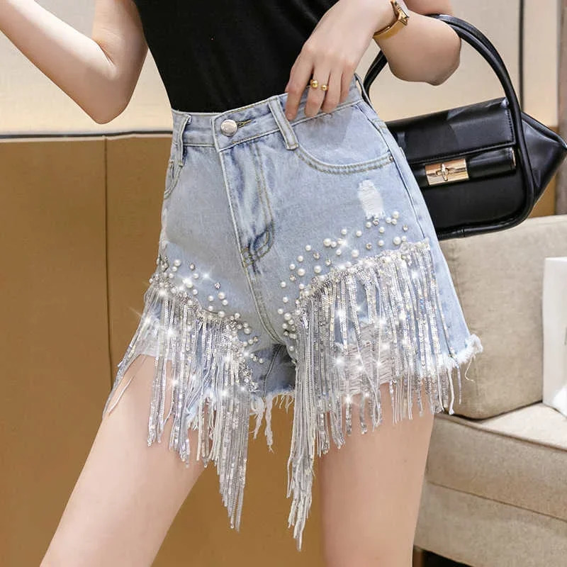 Womens Summer Denim Shorts Y2k Elegant Fashion High Waist Diamond Studded Rhinestones Sequin Jean Pants for Ladies 250226