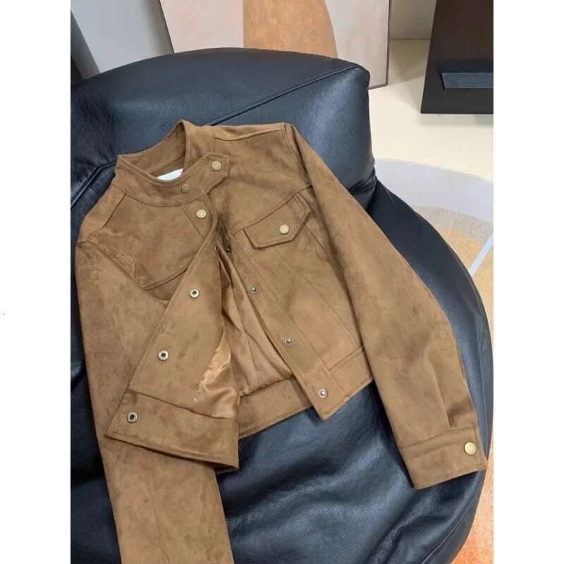 Maillardcoffee Color Women's Deer Veet Leather Jacket Autumn/Winter Sensibility Niche Petite Cropped Motorcycle Top