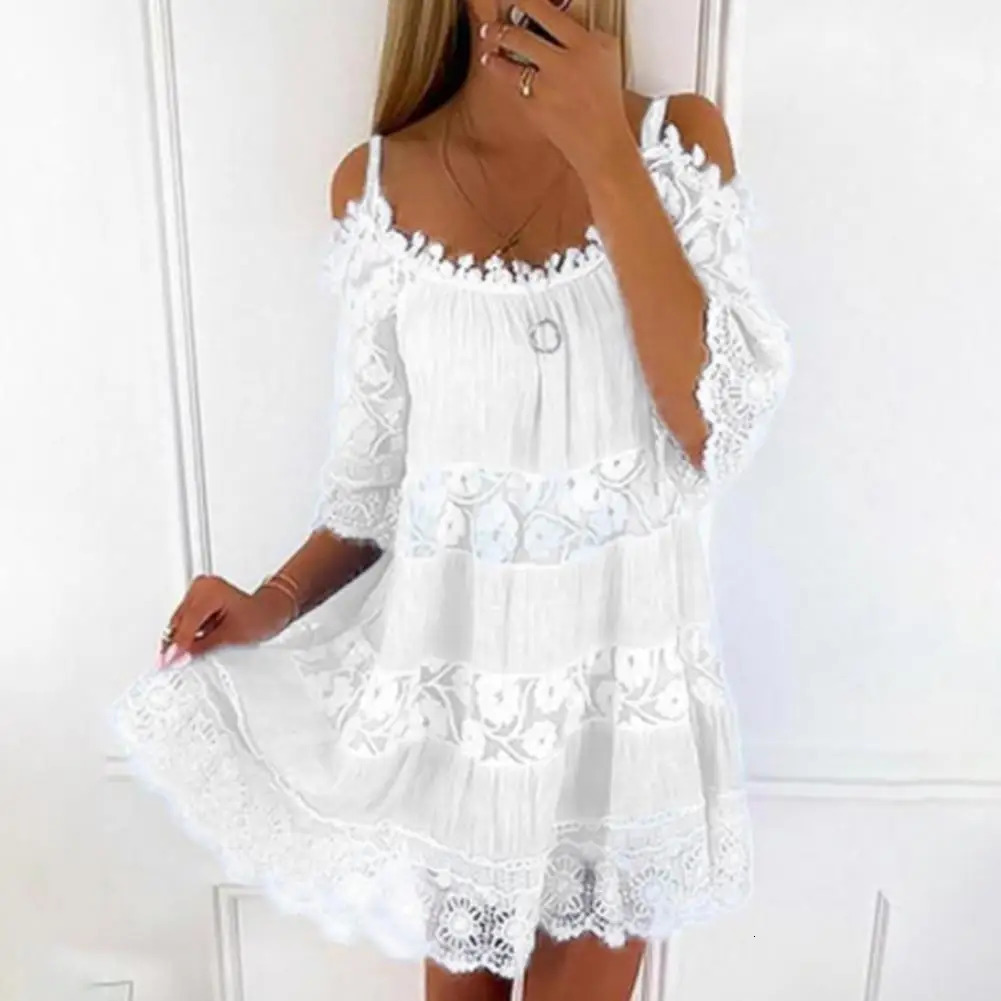 Embroidery Crochet Lace Cold Shoulder Mini Women Scoop Neck Half Sleeves Mid-Rise Loose Fit Summer Lady Beach Dress 250222